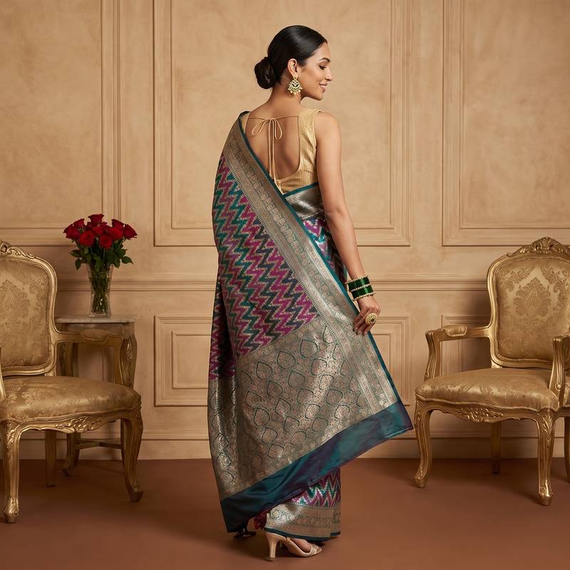 Rama green satin woven saree with blouse