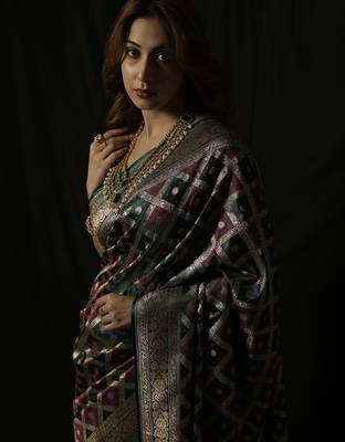 Rama green satin woven saree with blouse 3