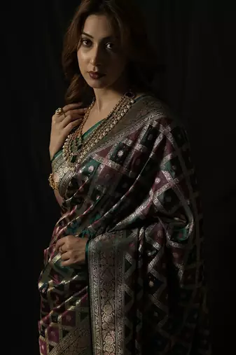 Rama green satin woven saree with blouse