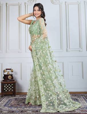 Olive embroidered work saree with blouse piece 3