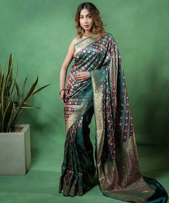 Rama-green satin woven saree with blouse 3