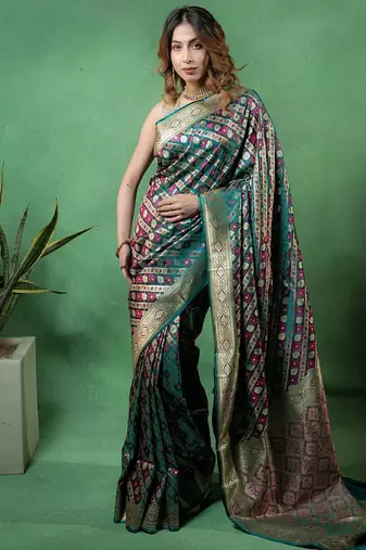 Rama-green satin woven saree with blouse