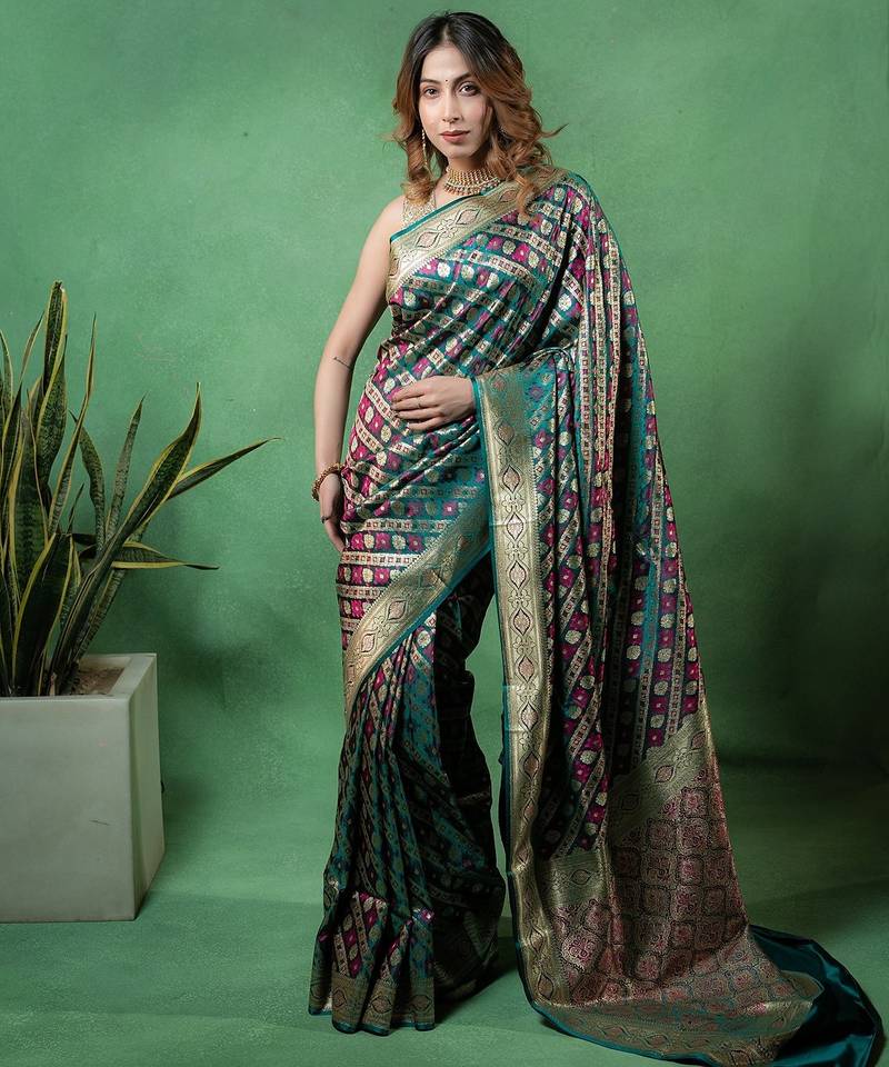 Rama-green satin woven saree with blouse