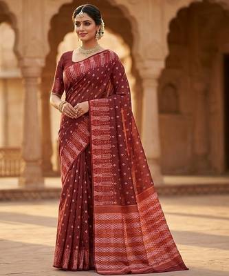 Rust blended cotton woven saree with blouse 1