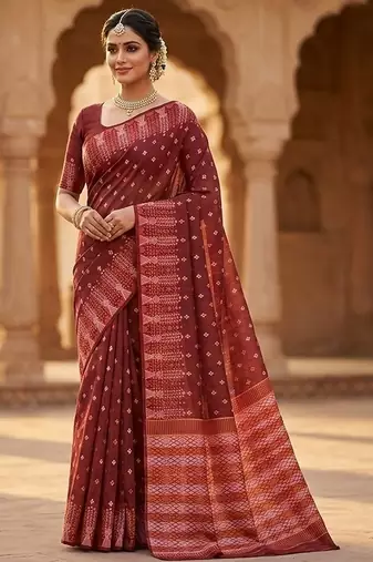 Rust blended cotton woven saree with blouse
