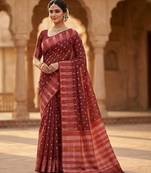 Rust blended cotton woven saree with blouse