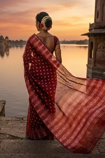 Rust blended cotton woven saree with blouse