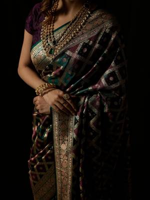 Rama green satin woven saree with blouse 4