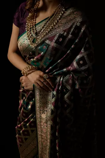 Rama green satin woven saree with blouse
