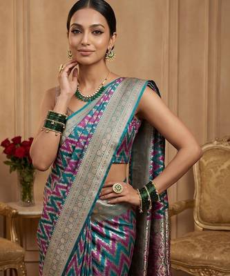 Rama green satin woven saree with blouse 3