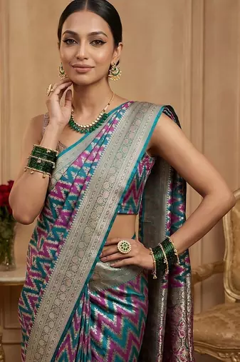 Rama green satin woven saree with blouse