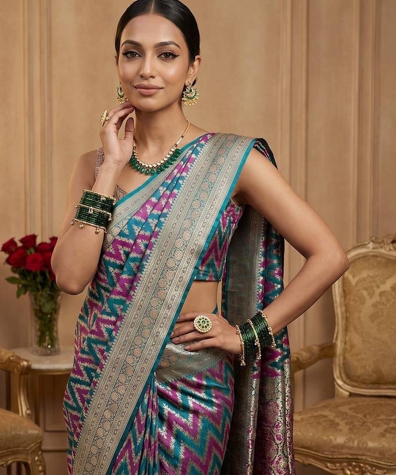 Rama green satin woven saree with blouse