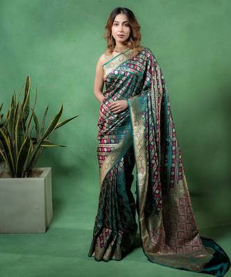 Rama-green satin woven saree with blouse 4