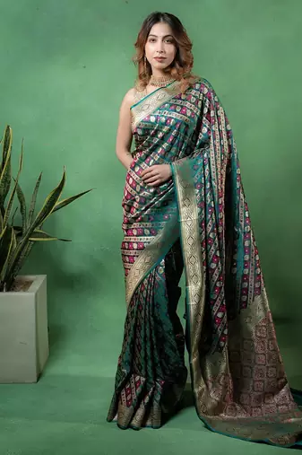 Rama-green satin woven saree with blouse
