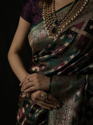 Rama green satin woven saree with blouse 5