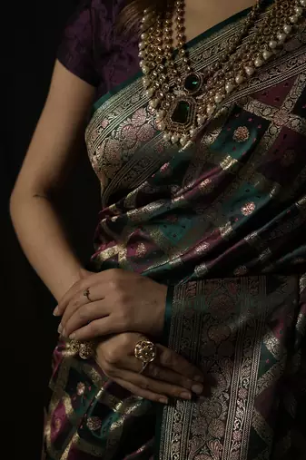 Rama green satin woven saree with blouse