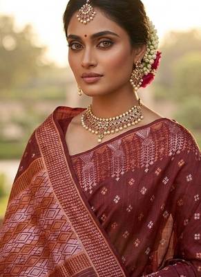 Rust blended cotton woven saree with blouse 3
