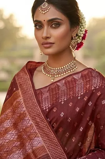 Rust blended cotton woven saree with blouse