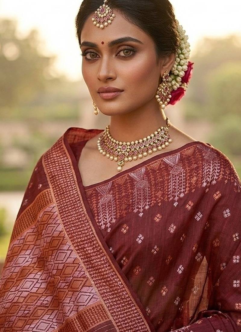 Rust blended cotton woven saree with blouse