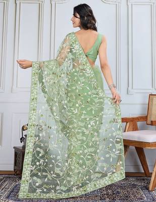 Olive embroidered work saree with blouse piece 4