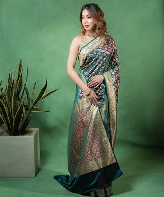 Rama-green satin woven saree with blouse 5