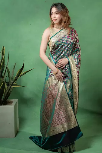 Rama-green satin woven saree with blouse