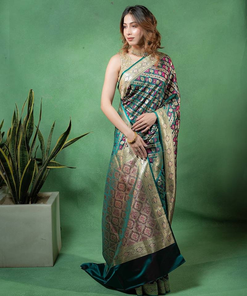 Rama-green satin woven saree with blouse