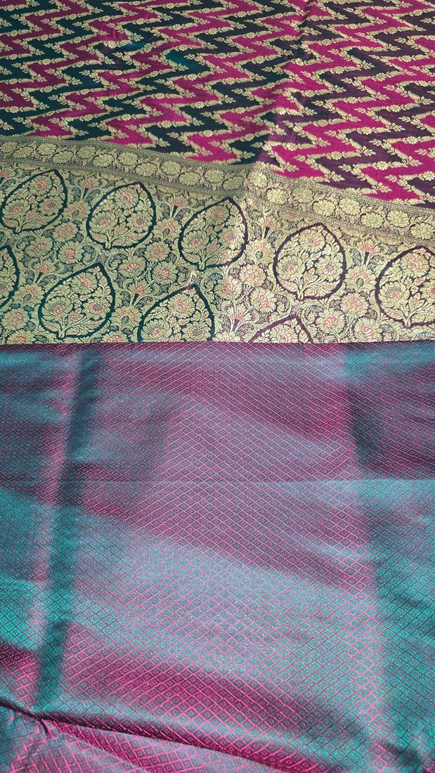 Rama green satin woven saree with blouse