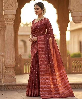 Rust blended cotton woven saree with blouse 4