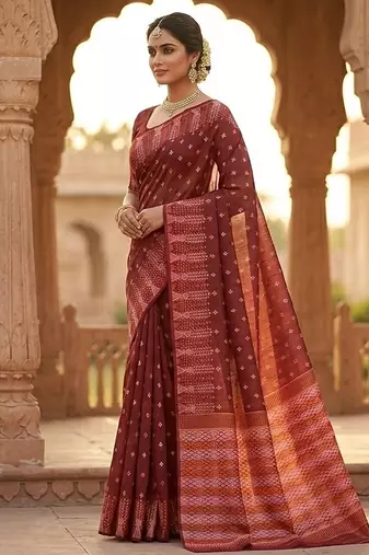 Rust blended cotton woven saree with blouse