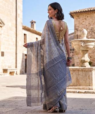 Grey-cream blended cotton woven saree with blouse 2