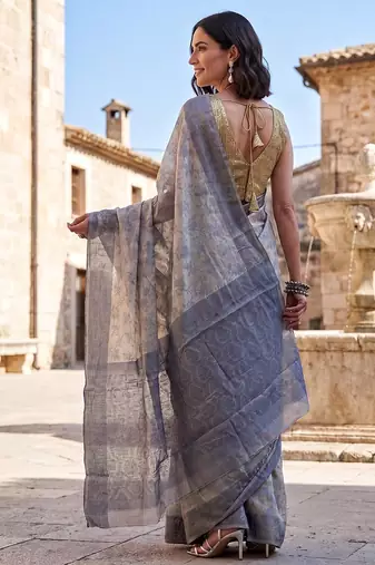 Grey-cream blended cotton woven saree with blouse