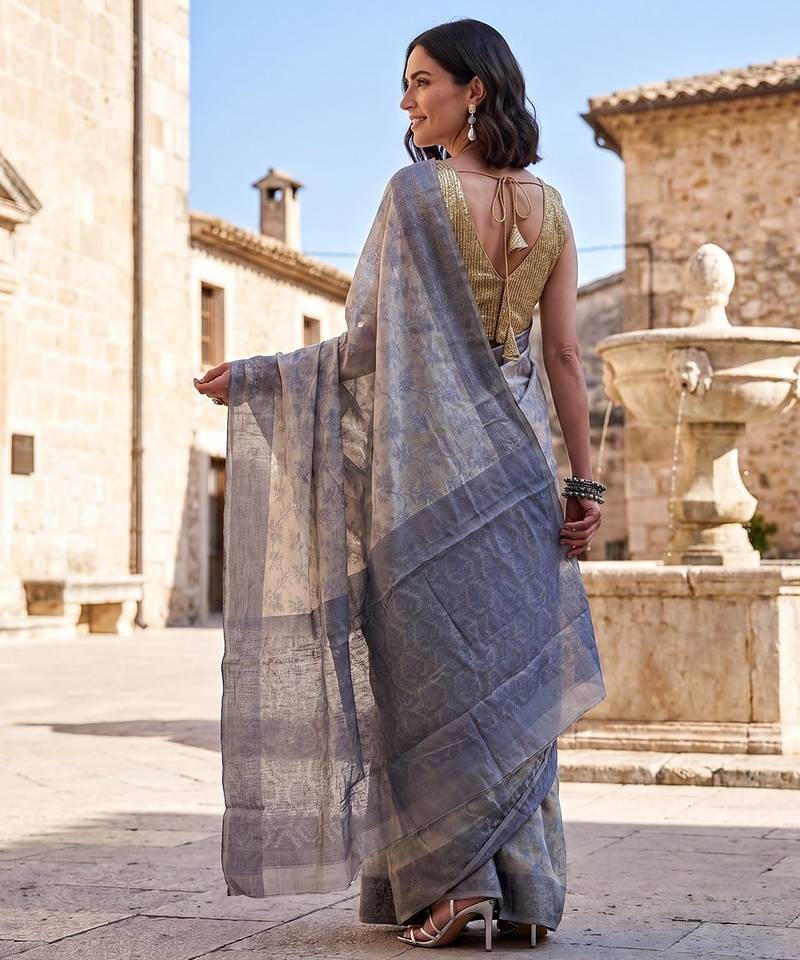 Grey-cream blended cotton woven saree with blouse