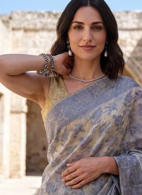 Grey-cream blended cotton woven saree with blouse 3
