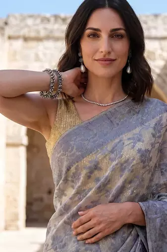 Grey-cream blended cotton woven saree with blouse