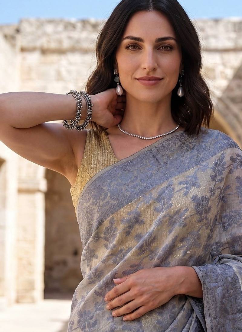 Grey-cream blended cotton woven saree with blouse