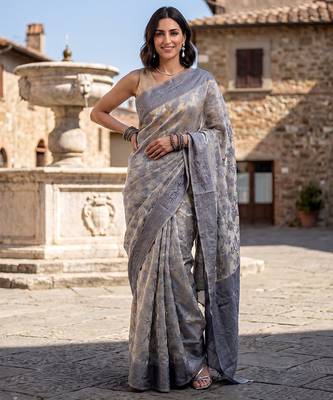 Grey-cream blended cotton woven saree with blouse 1
