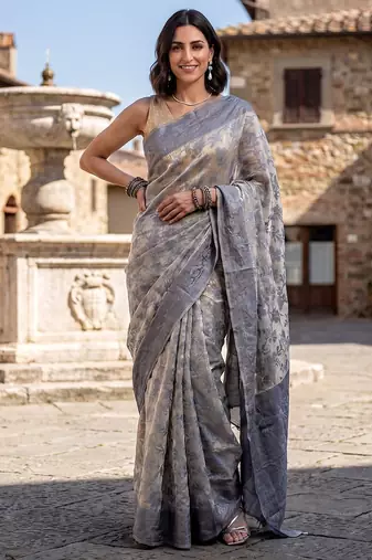 Grey-cream blended cotton woven saree with blouse