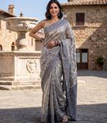 Grey-cream blended cotton woven saree with blouse