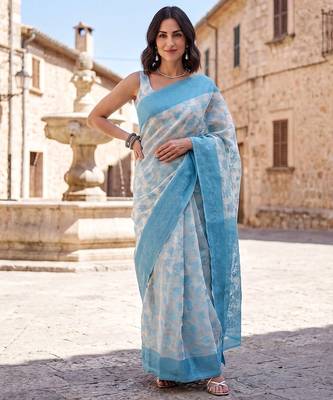 Sky blue blended cotton woven saree with blouse 1