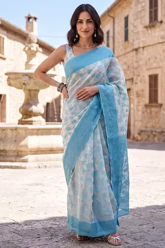 Sky blue blended cotton woven saree with blouse