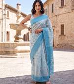 Sky blue blended cotton woven saree with blouse