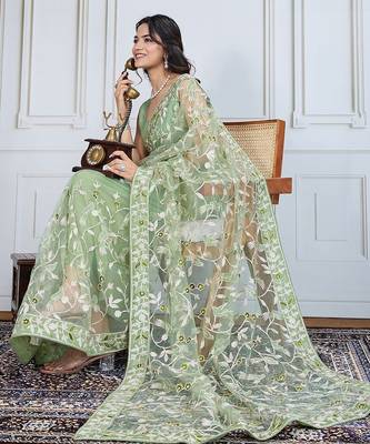 Olive embroidered work saree with blouse piece 5