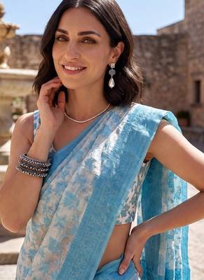 Sky blue blended cotton woven saree with blouse 2