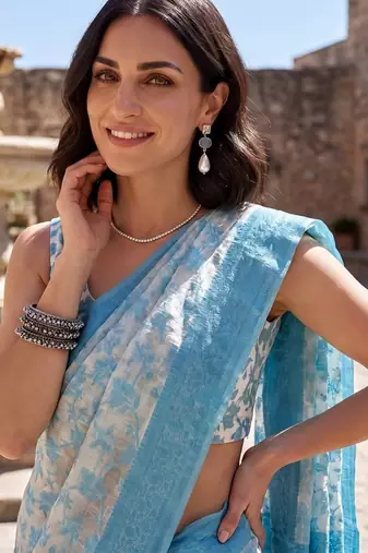 Sky blue blended cotton woven saree with blouse