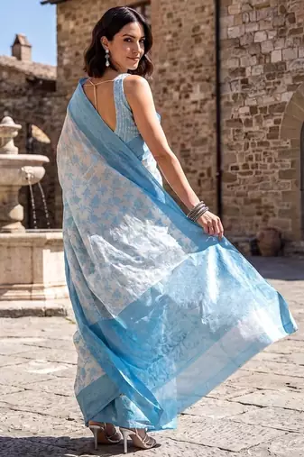 Sky blue blended cotton woven saree with blouse