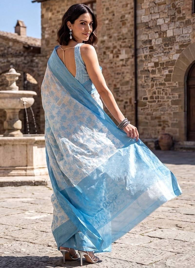 Sky blue blended cotton woven saree with blouse