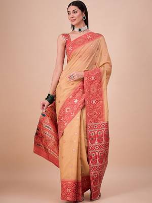 Mustard woven design zari saree with unstitched blouse 2