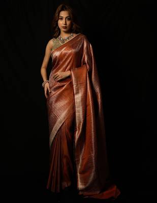 Rust satin woven saree with blouse 1