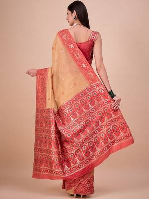 Mustard woven design zari saree with unstitched blouse 3